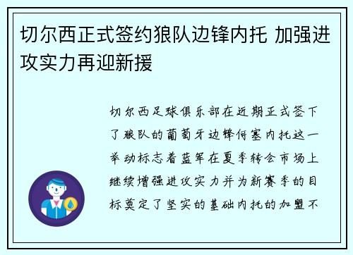 切尔西正式签约狼队边锋内托 加强进攻实力再迎新援 切尔西正式签约狼队边锋内托 加强进攻实力再迎新援